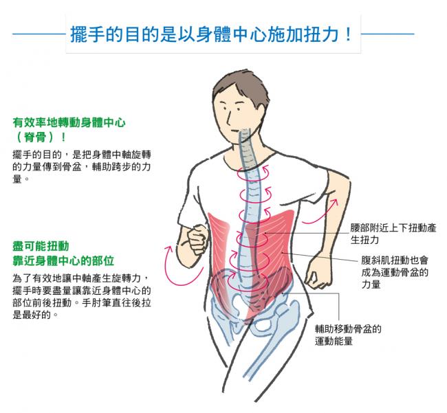 擺手的目的是以身體中心施加扭力