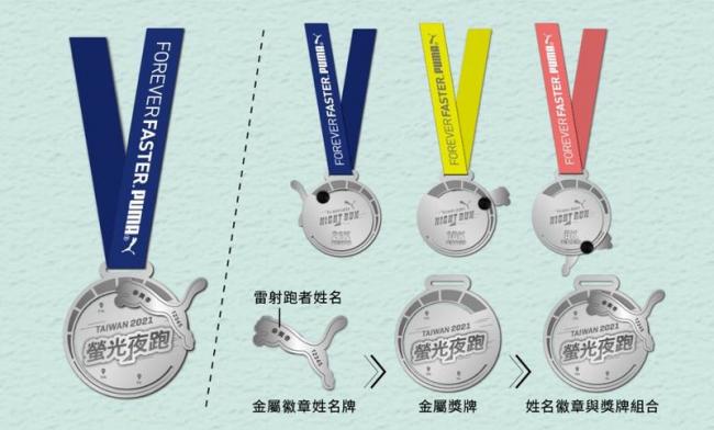 PUMA螢光夜跑客製姓名徽章式完賽獎牌