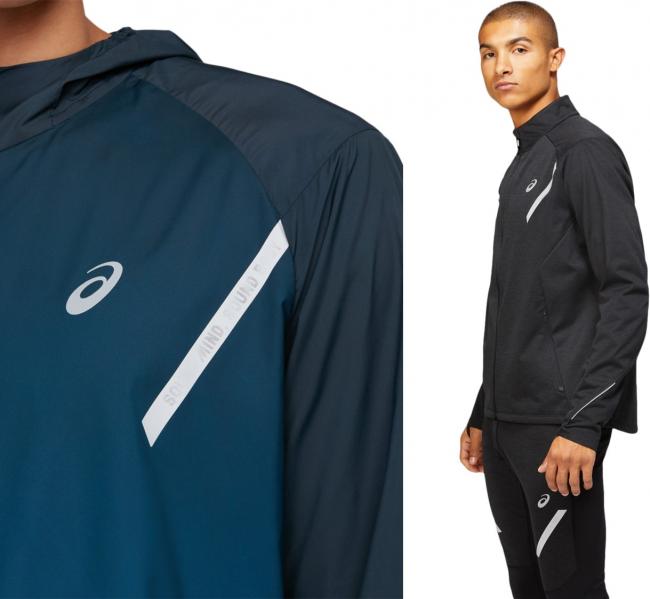  ASICS 2021 秋冬 LITE-SHOW 系列服飾，輕薄透氣材質加上反光貼條設計，內藏品牌標語 SOUND MIND SOUND BODY 