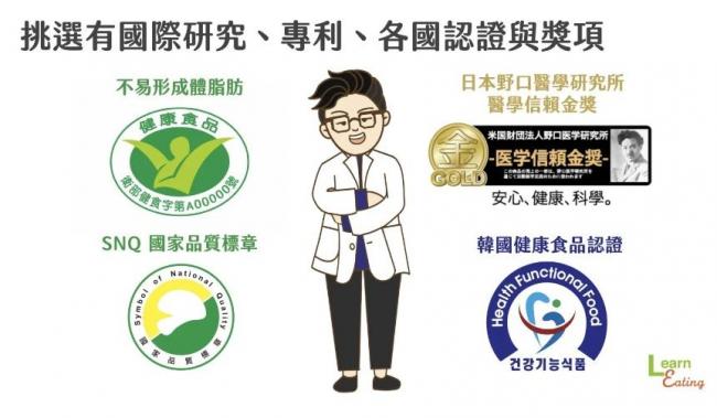 挑選有國際研究、專利、各國認證與獎項的保健食品