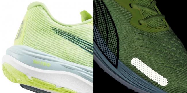 PUMA Velocity NITRO 2 氮氣跑鞋採用高透氣機能網布包覆鞋面，並在鞋面加入反光貼條設計，即使夜跑也安全無虞