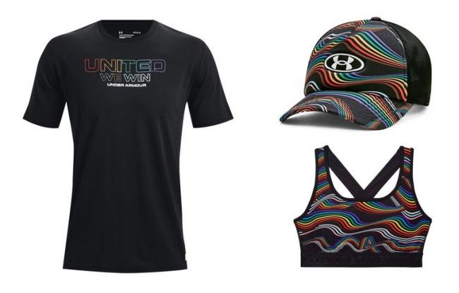 男 UA Pride 短T-Shirt $1,080、UA Pride 棒球帽  $980、女 UA Pride Crossback 中衝擊運動內衣 $1,680